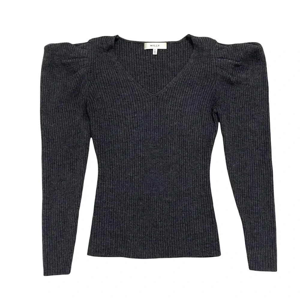 MILLY Isabella Puffed Shoulder Ribbed Wool Knit Sweater Long Sleeve Gray Size 2